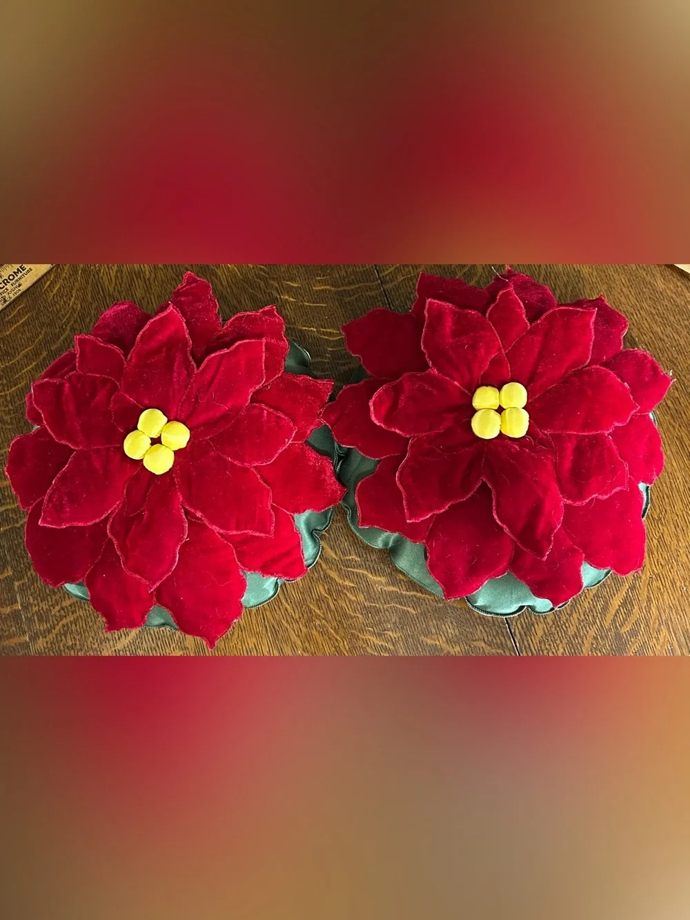 Red Velvet Poinsettia Holiday Accent Pillows Pair -